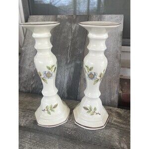 SANGOSTONE JAPAN SIGNED  SANGO 10 1/8” (2) CANDLESTICKS APPLE BLOSSOM PAIR Vtg